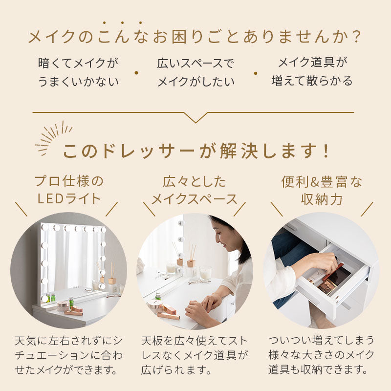 LEDライト付き ドレッサー3点セット デスク スツール 女優ミラー