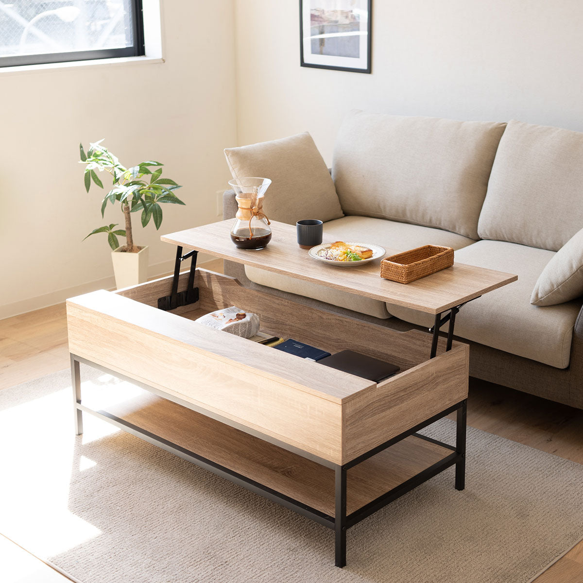 EMOOR リフトアップテーブル オーク EMOOR リフトアップテーブル テーブル ローテーブル 幅90 棚付き